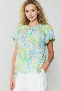 Short Sleeve Tops-Current Air Abstract Floral Print Top YELLOWMULTI