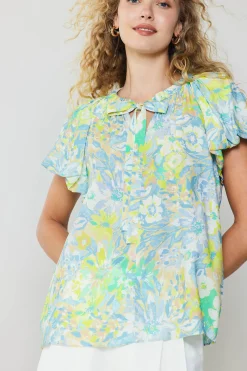 Short Sleeve Tops-Current Air Abstract Floral Print Top YELLOWMULTI