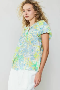 Short Sleeve Tops-Current Air Abstract Floral Print Top YELLOWMULTI