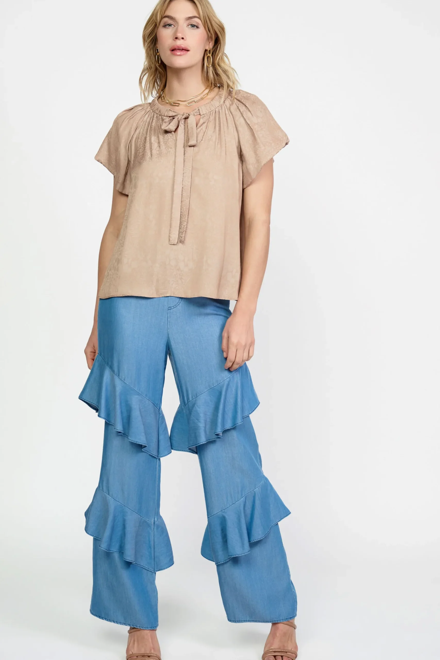 Short Sleeve Tops-Current Air Abstract Jacquard Tieneck Blouse SANDYTAUPE