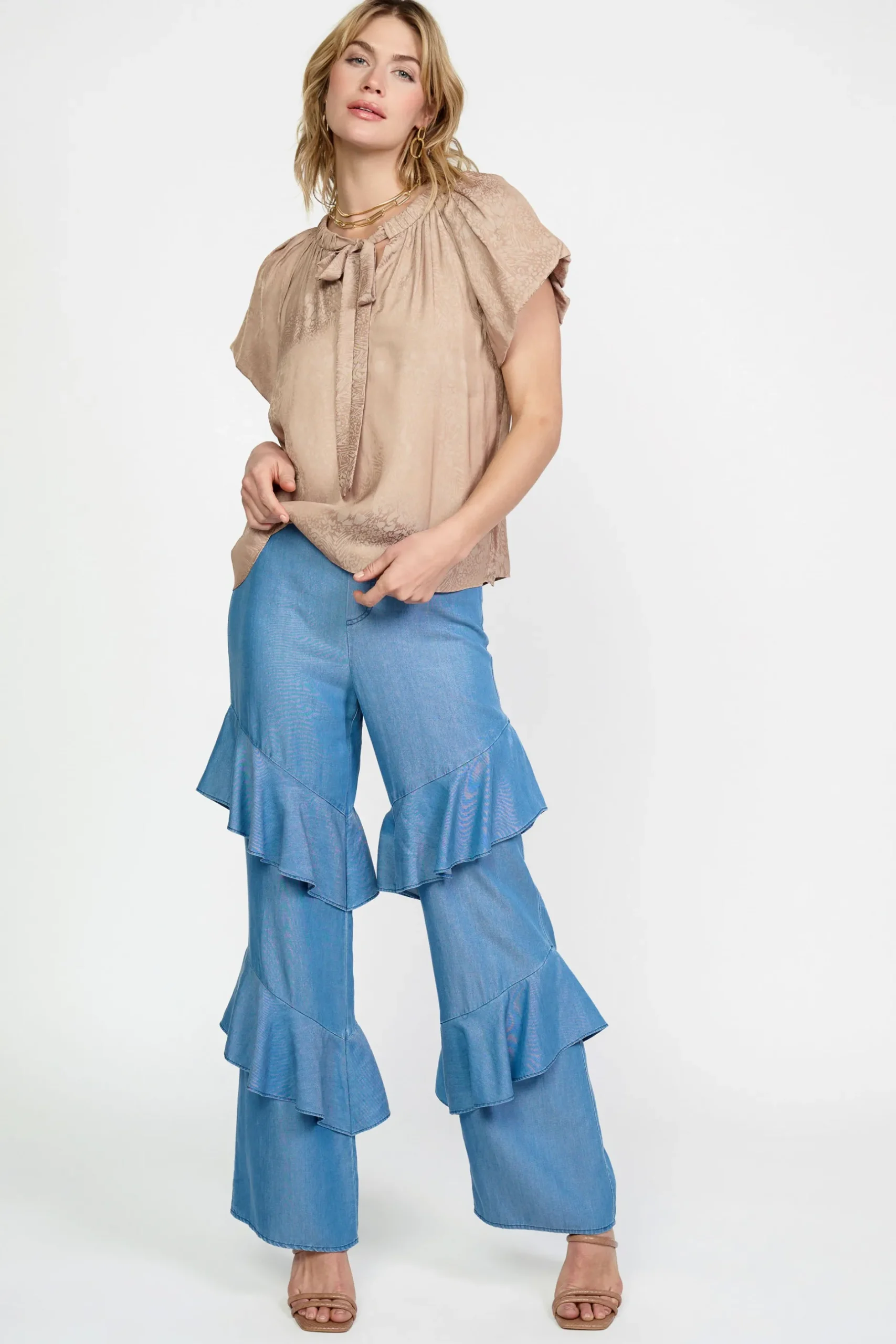 Short Sleeve Tops-Current Air Abstract Jacquard Tieneck Blouse SANDYTAUPE