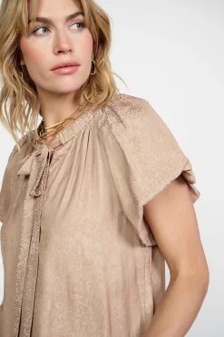 Short Sleeve Tops-Current Air Abstract Jacquard Tieneck Blouse SANDYTAUPE