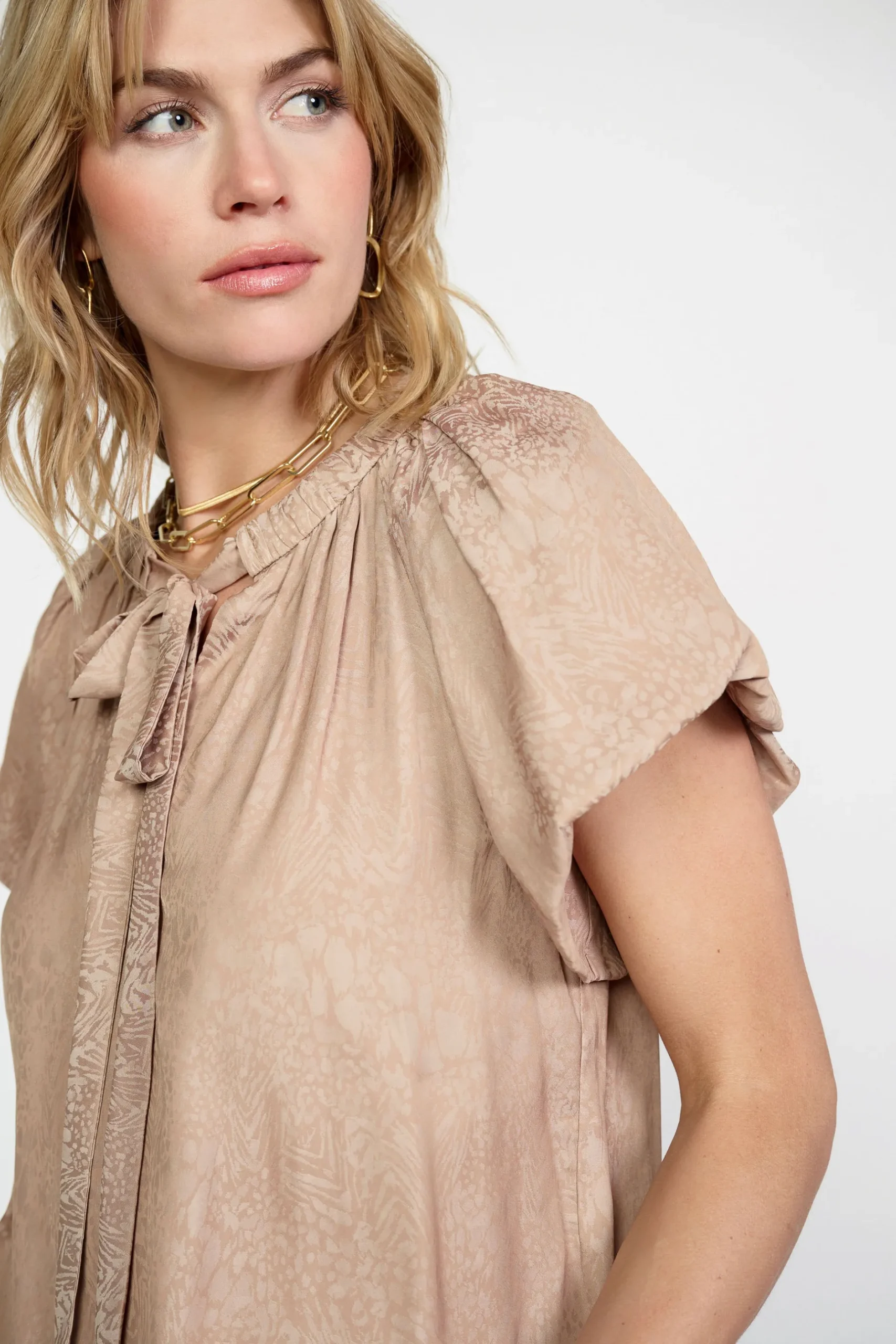 Short Sleeve Tops-Current Air Abstract Jacquard Tieneck Blouse SANDYTAUPE