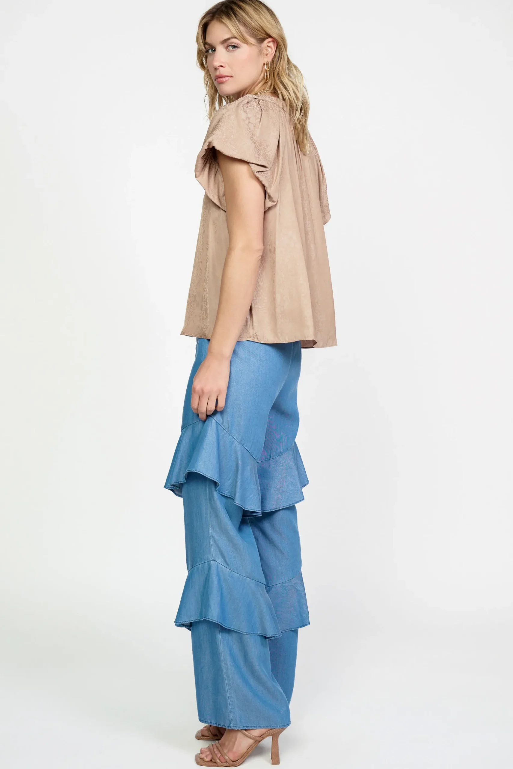 Short Sleeve Tops-Current Air Abstract Jacquard Tieneck Blouse SANDYTAUPE