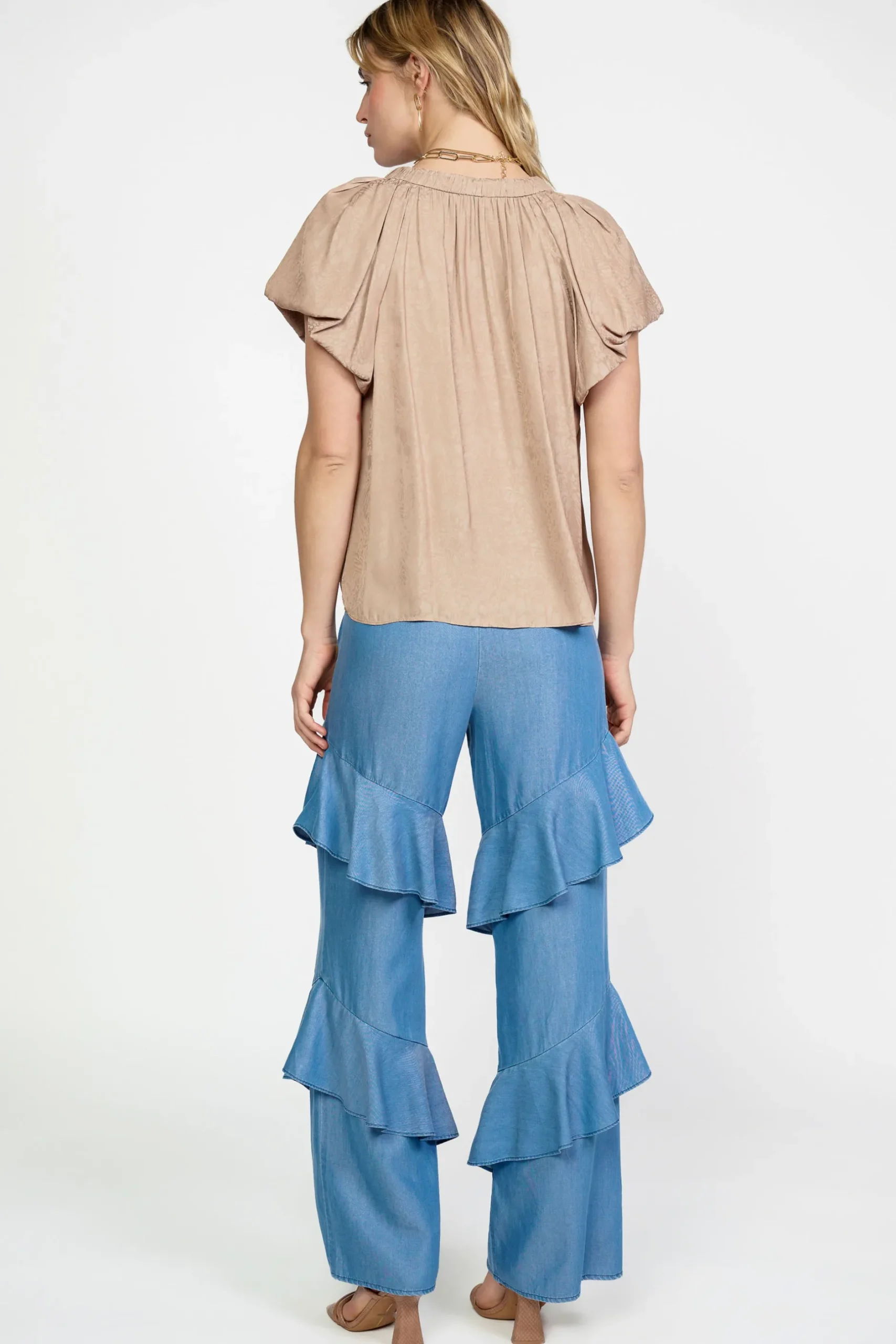 Short Sleeve Tops-Current Air Abstract Jacquard Tieneck Blouse SANDYTAUPE
