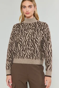 Knitwear|Sweaters-Current Air Abstract Mock Neck Sweater BROWN