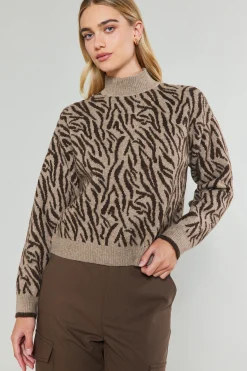 Knitwear|Sweaters-Current Air Abstract Mock Neck Sweater BROWN