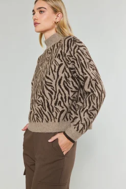 Knitwear|Sweaters-Current Air Abstract Mock Neck Sweater BROWN