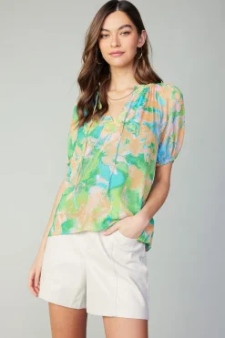 Short Sleeve Tops-Current Air Abstract Split Neck Blouse GREENORANGE