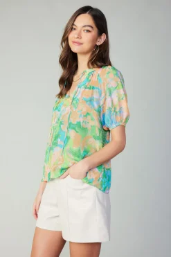 Short Sleeve Tops-Current Air Abstract Split Neck Blouse GREENORANGE
