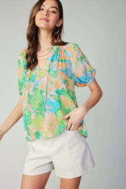 Short Sleeve Tops-Current Air Abstract Split Neck Blouse GREENORANGE