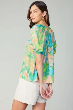 Short Sleeve Tops-Current Air Abstract Split Neck Blouse GREENORANGE