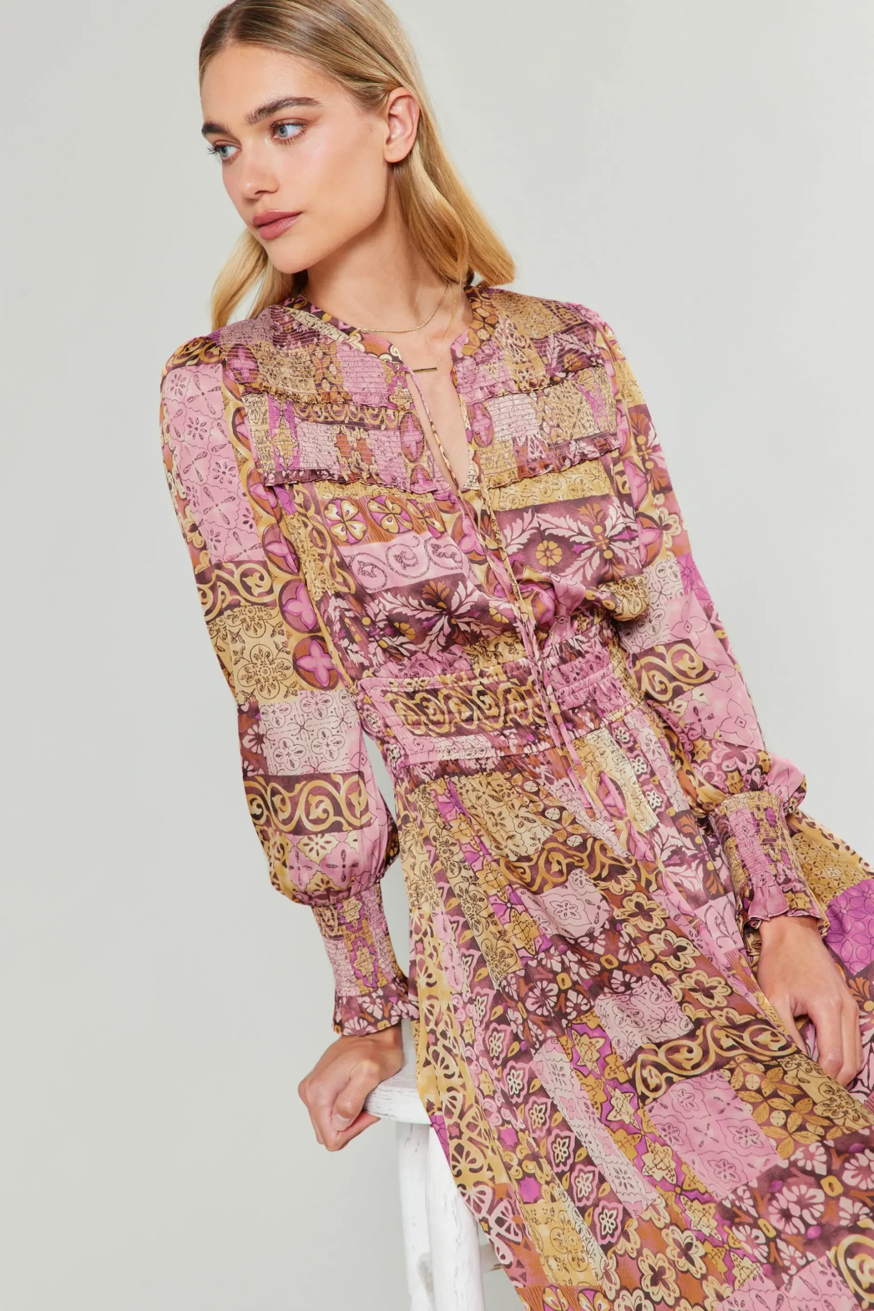 Midi Dresses-Current Air Aida Quilted Pattern Midi Dress PINKMLT