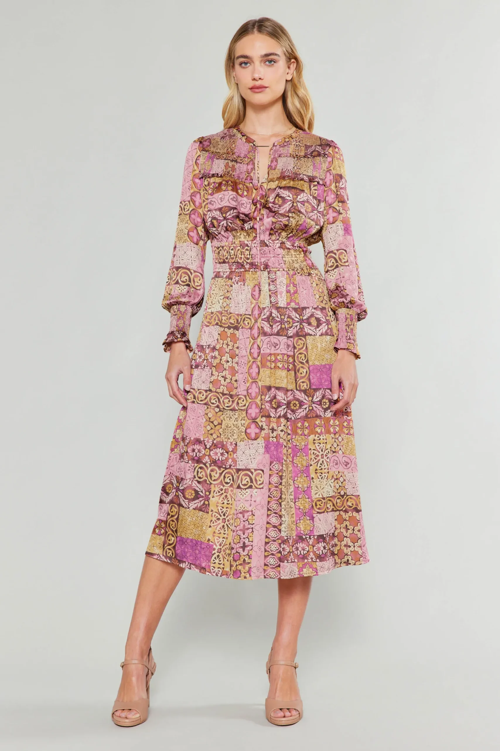 Midi Dresses-Current Air Aida Quilted Pattern Midi Dress PINKMLT