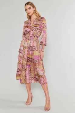 Midi Dresses-Current Air Aida Quilted Pattern Midi Dress PINKMLT