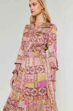 Midi Dresses-Current Air Aida Quilted Pattern Midi Dress PINKMLT