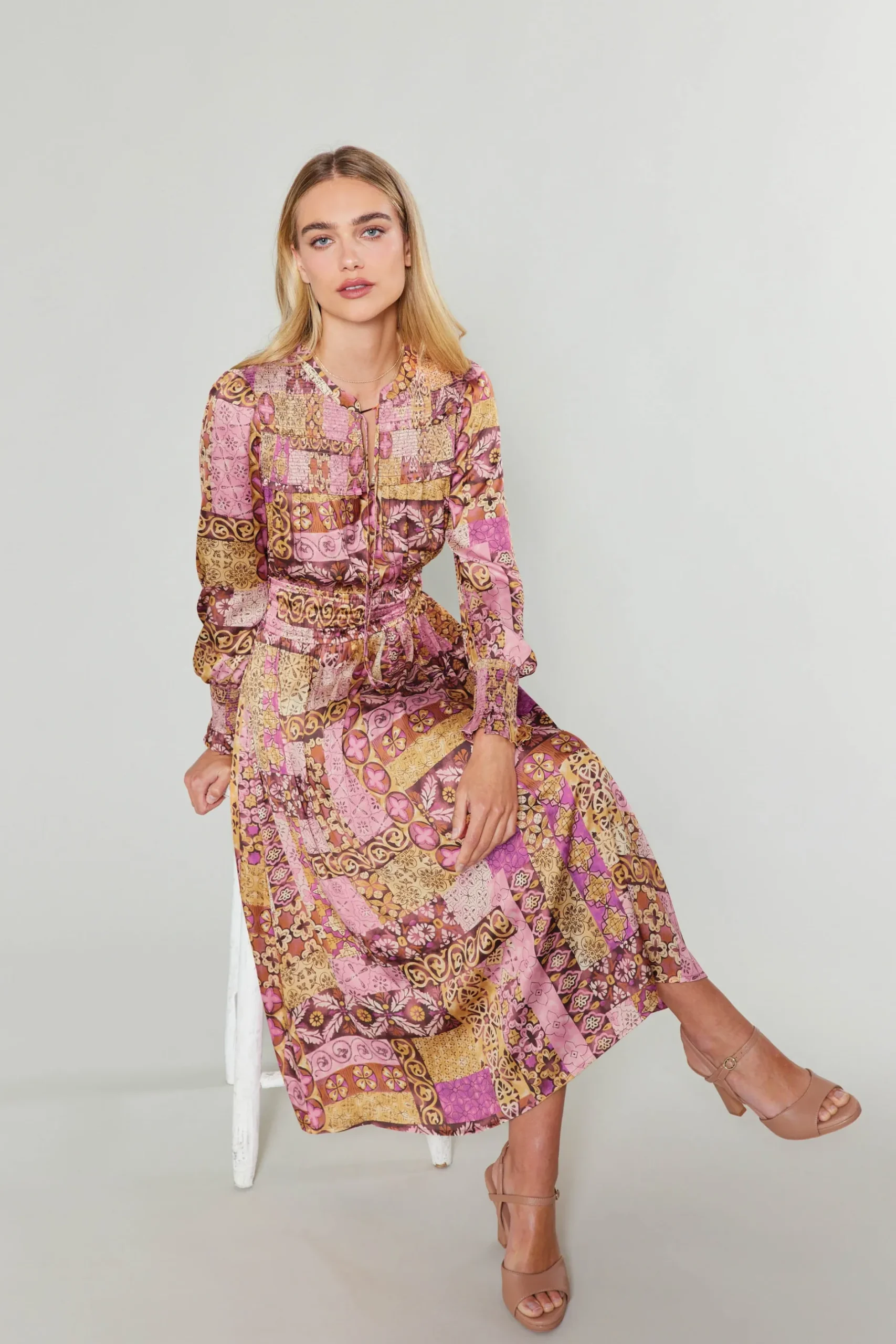 Midi Dresses-Current Air Aida Quilted Pattern Midi Dress PINKMLT