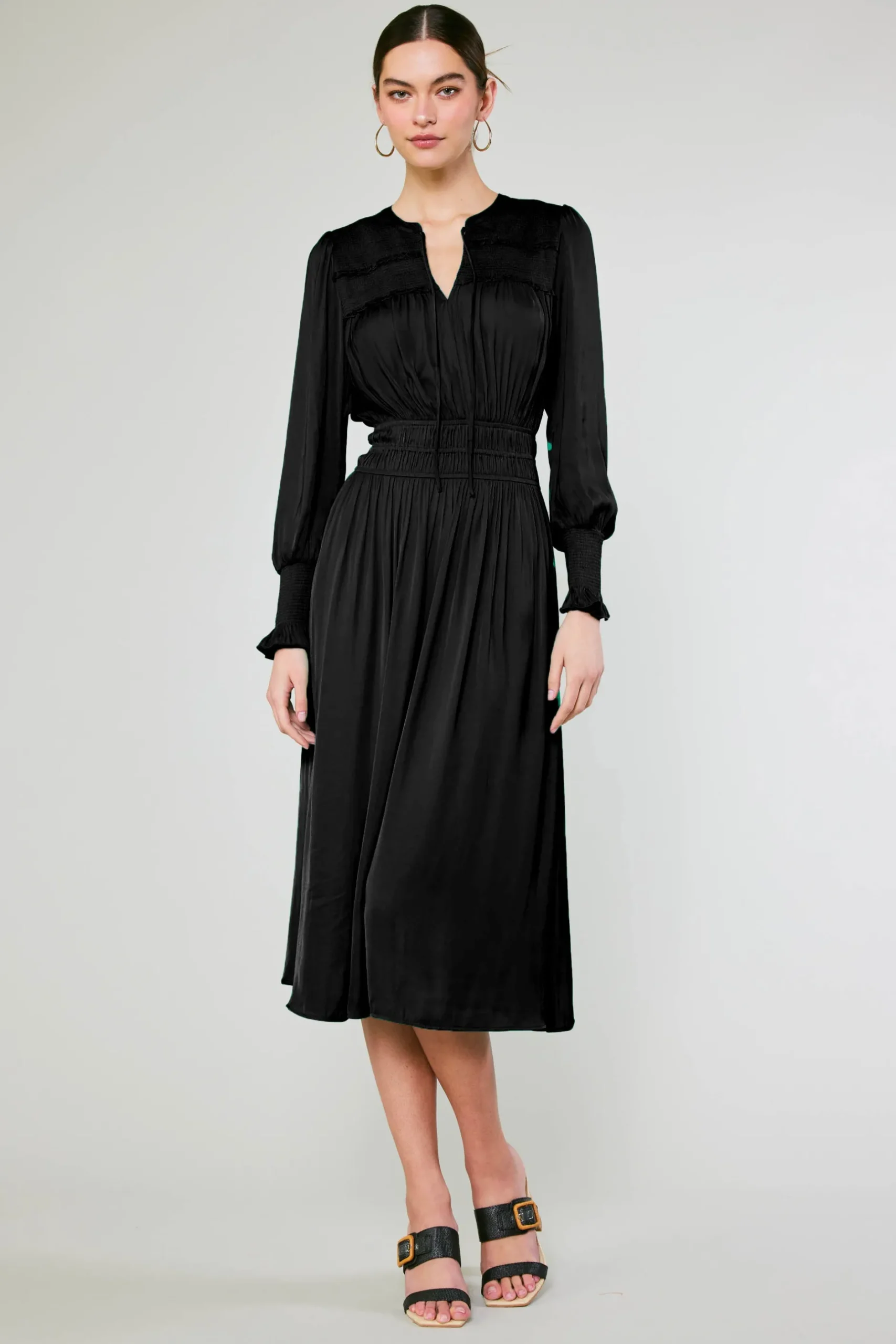 Midi Dresses-Current Air Aida Smocked Midi Dress BLACK