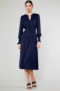 Midi Dresses-Current Air Aida Smocked Midi Dress DARKNAVY