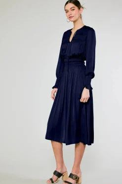 Midi Dresses-Current Air Aida Smocked Midi Dress DARKNAVY