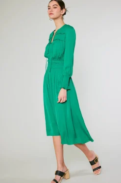 Midi Dresses-Current Air Aida Smocked Midi Dress GREEN
