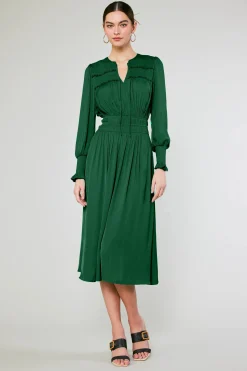 Midi Dresses-Current Air Aida Smocked Midi Dress EMERALDGREEN