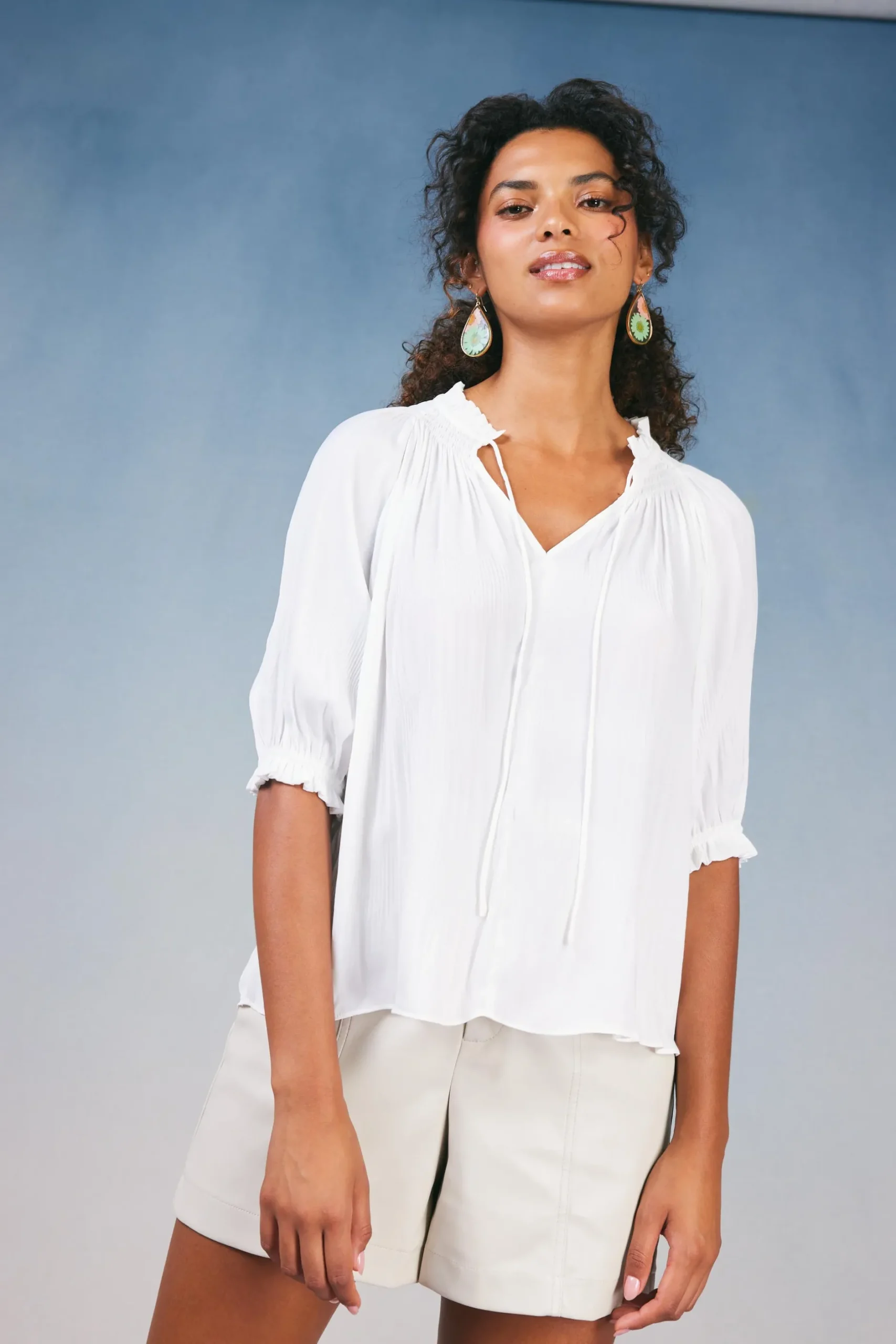 Short Sleeve Tops|Long Sleeve Tops-Current Air Angelica Pleated Blouse WHITE