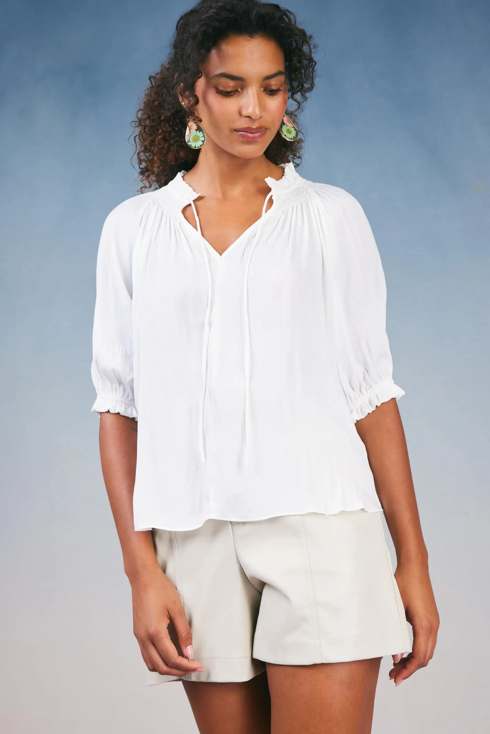 Short Sleeve Tops|Long Sleeve Tops-Current Air Angelica Pleated Blouse WHITE