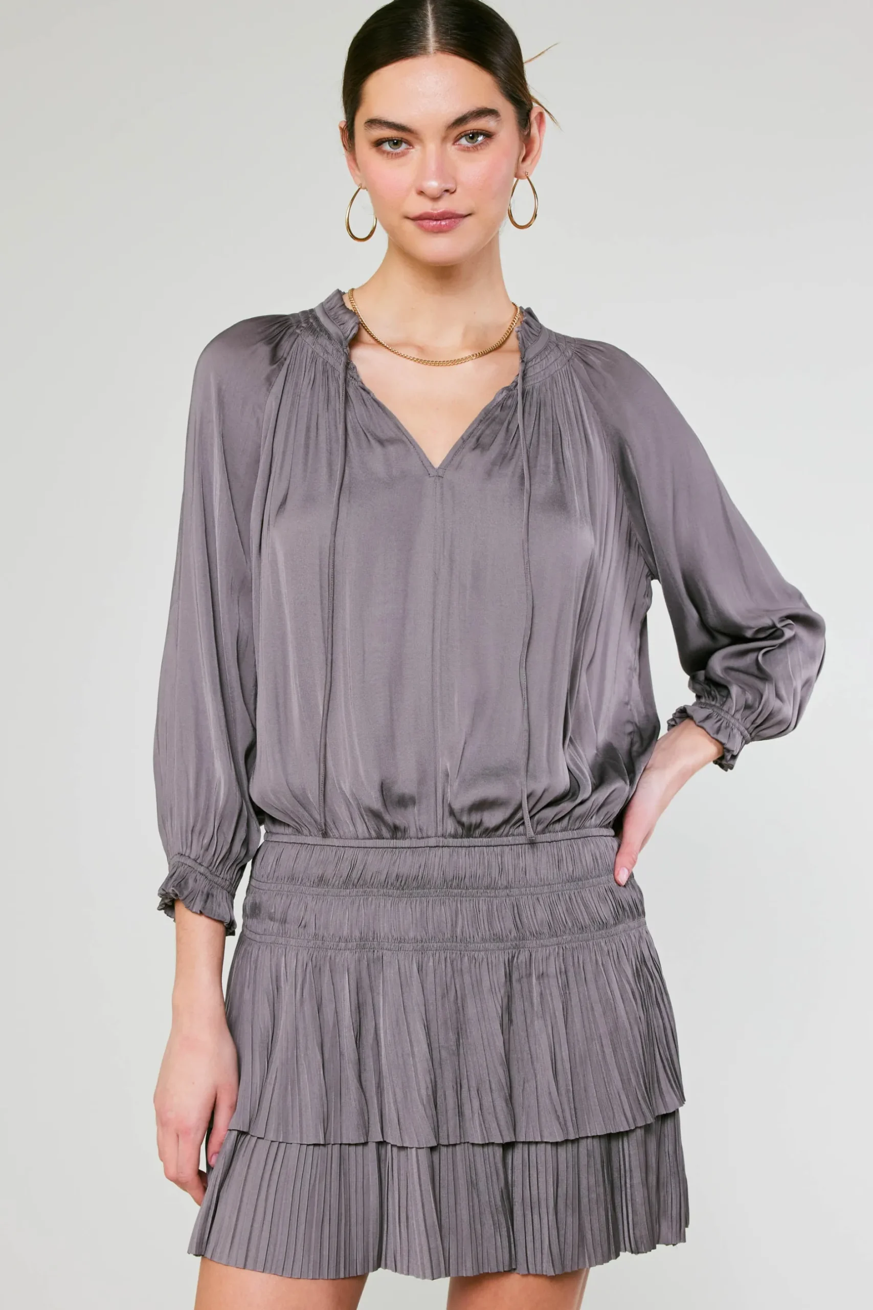 Mini Dresses-Current Air Aurelie Pleated Mini Dress TAUPEGREY