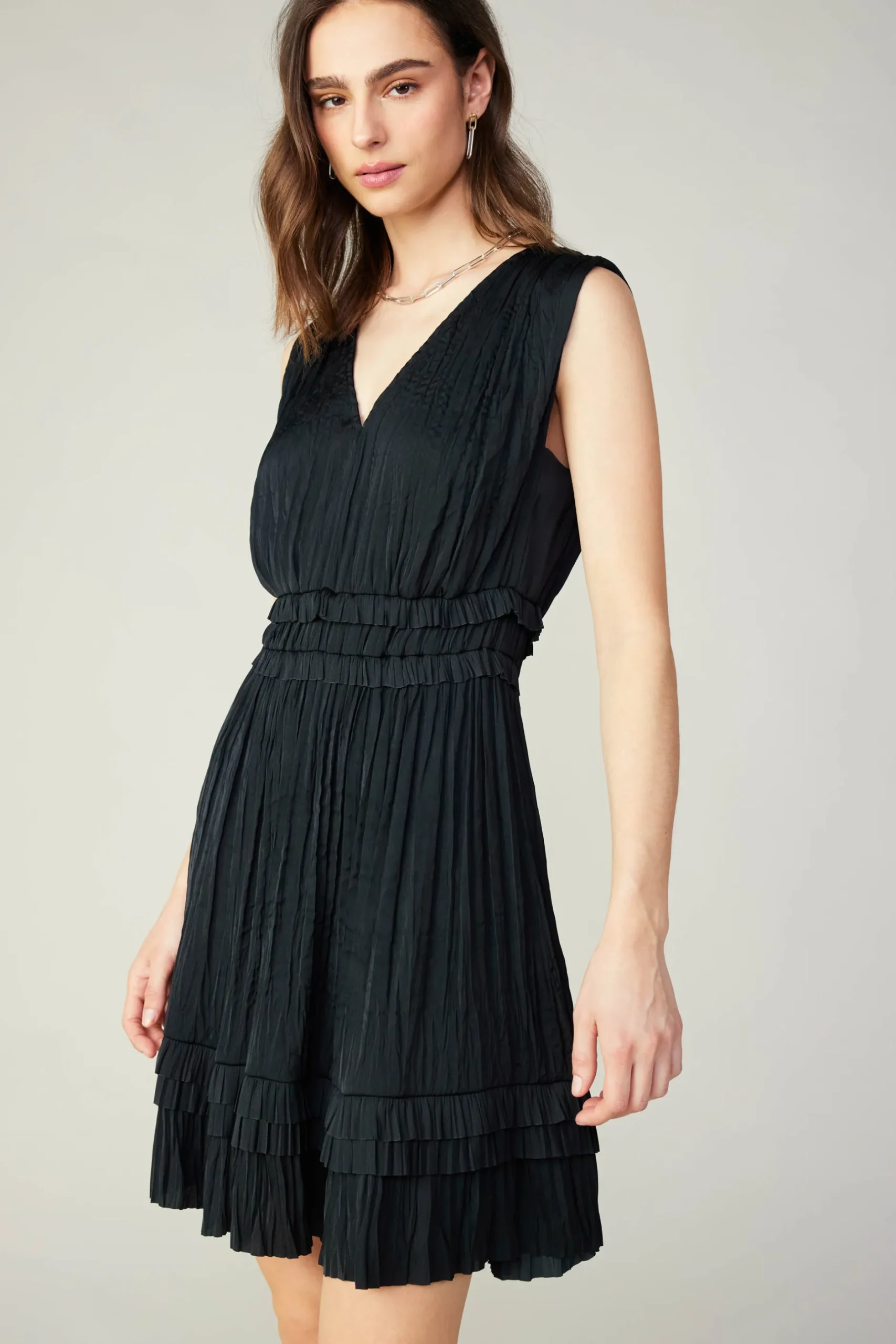 Mini Dresses-Current Air Aurora Crinkle Pleated Mini Dress BLACK