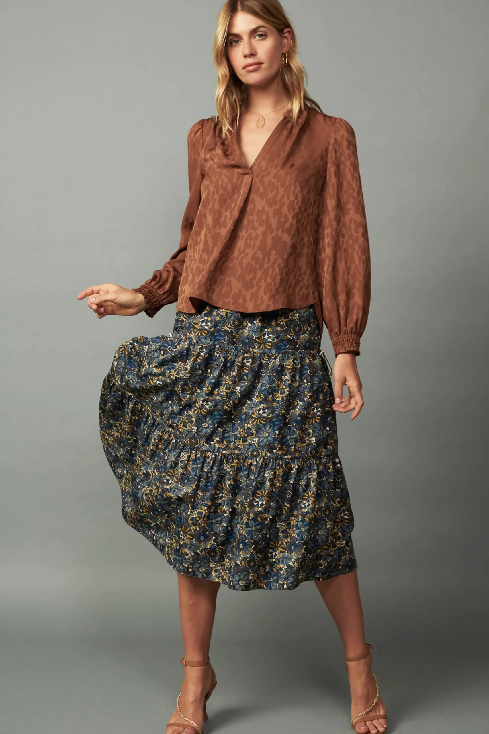 Long Sleeve Tops-Current Air Autumn Split Neck Blouse CARAMEL