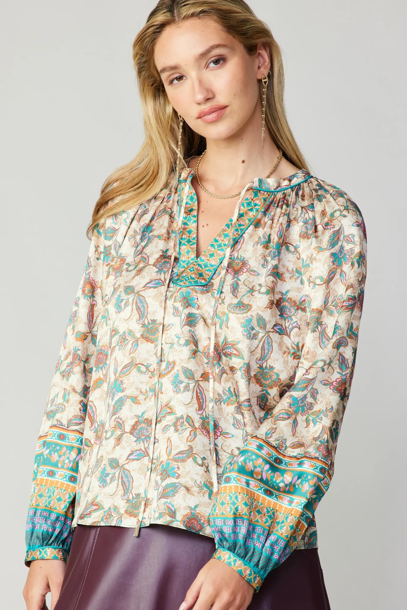 Long Sleeve Tops-Current Air Autumnal Border Print Blouse PINKGREENMLT