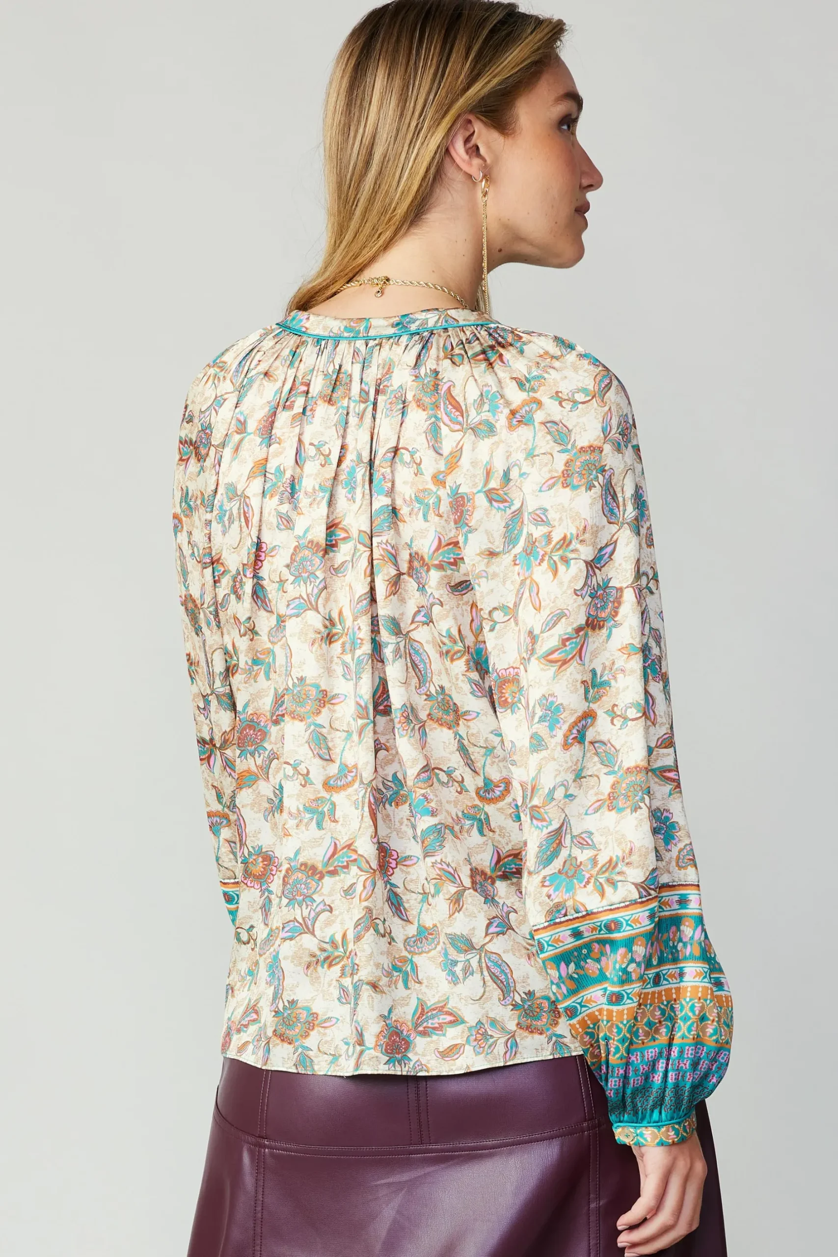 Long Sleeve Tops-Current Air Autumnal Border Print Blouse PINKGREENMLT