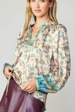 Long Sleeve Tops-Current Air Autumnal Border Print Blouse PINKGREENMLT