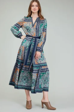 Maxi Dresses|Midi Dresses-Current Air Belted Abstract Midi Dress GREENMLT