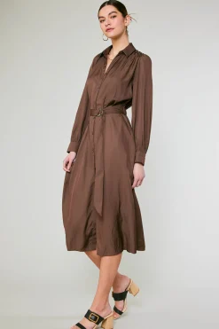 Midi Dresses-Current Air Belted Buttondown Shirt Dress COCOA
