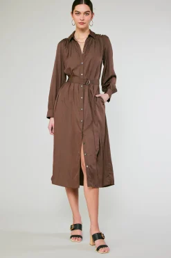 Midi Dresses-Current Air Belted Buttondown Shirt Dress COCOA
