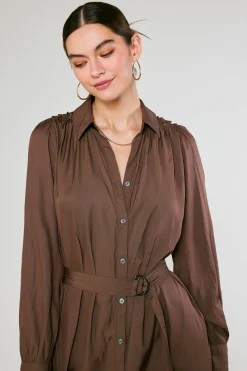 Midi Dresses-Current Air Belted Buttondown Shirt Dress COCOA