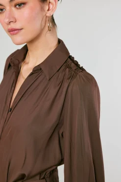 Midi Dresses-Current Air Belted Buttondown Shirt Dress COCOA