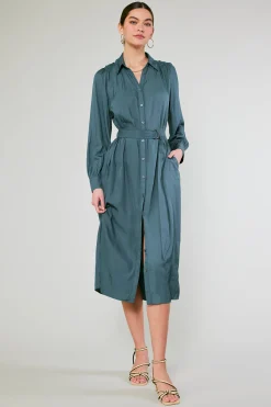 Midi Dresses-Current Air Belted Buttondown Shirt Dress FORESTGREEN
