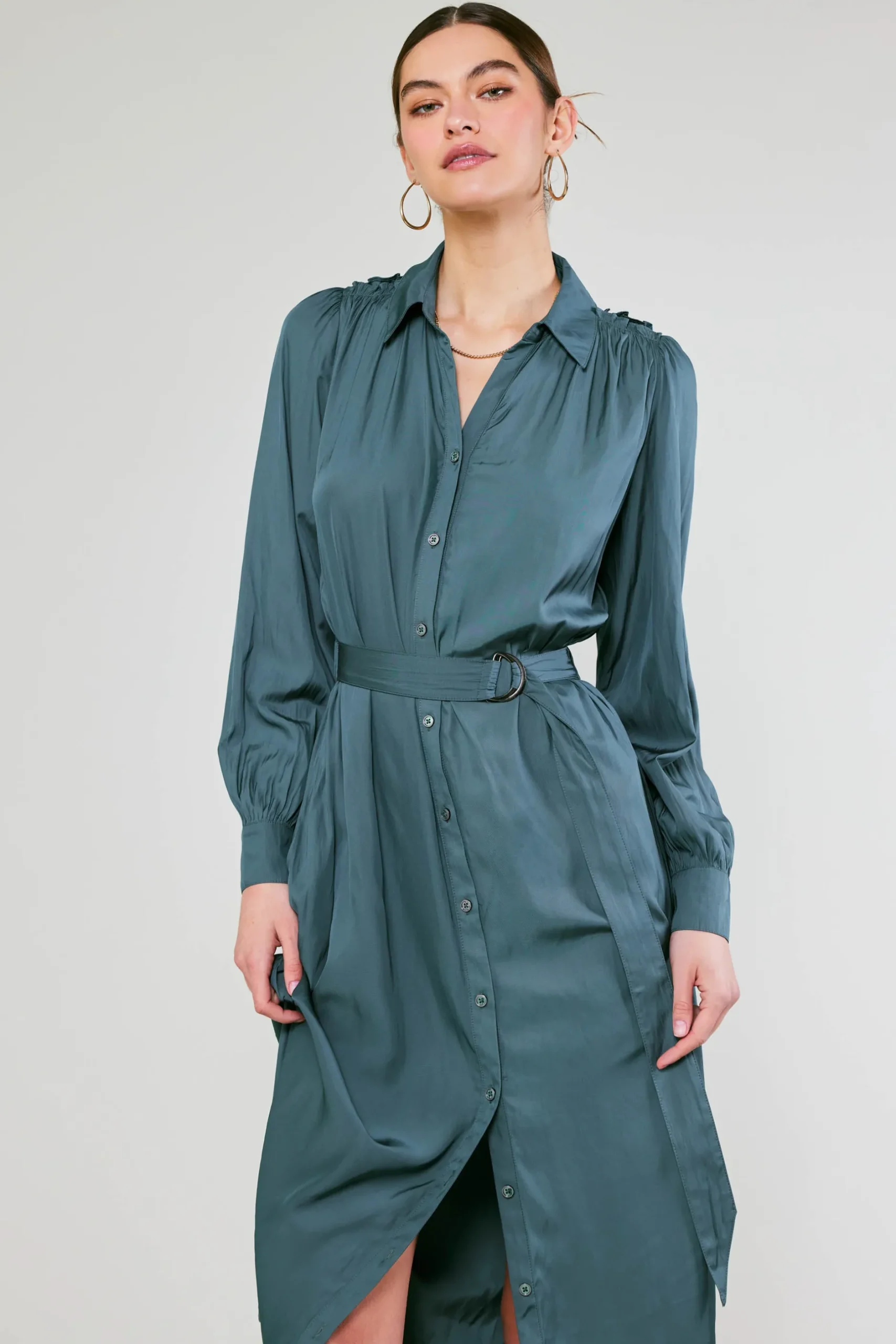 Midi Dresses-Current Air Belted Buttondown Shirt Dress FORESTGREEN