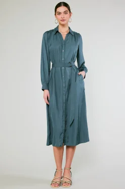 Midi Dresses-Current Air Belted Buttondown Shirt Dress FORESTGREEN