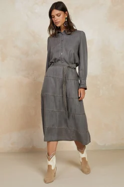 Skirts-Current Air Belted Chambray Midi Skirt WASHEDBLACK