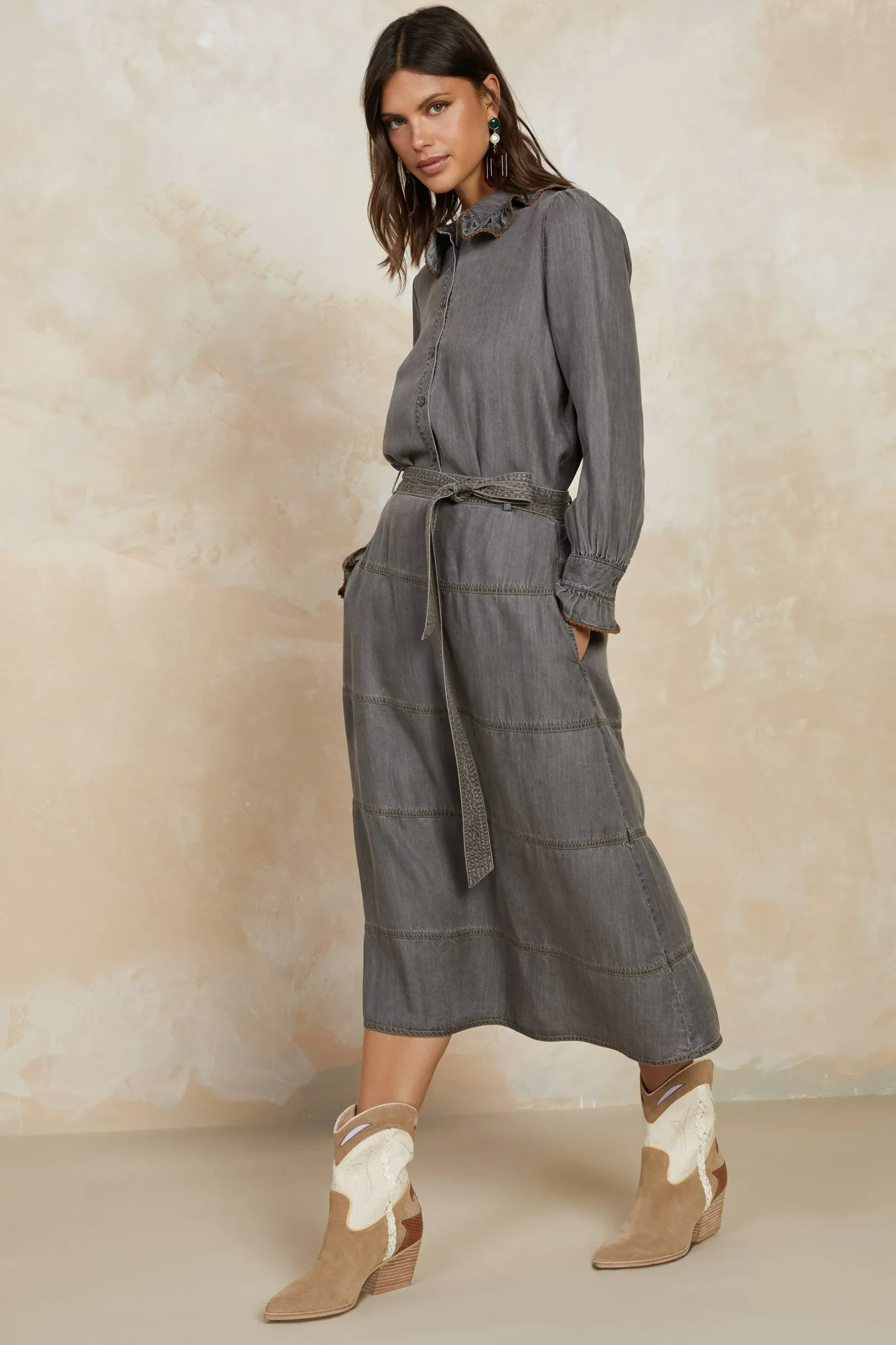 Skirts-Current Air Belted Chambray Midi Skirt WASHEDBLACK