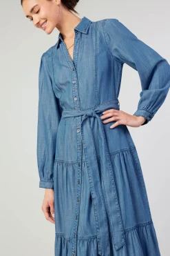Midi Dresses-Current Air Belted Collar Shirt Dress CHAMBRAY