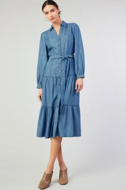 Midi Dresses-Current Air Belted Collar Shirt Dress CHAMBRAY