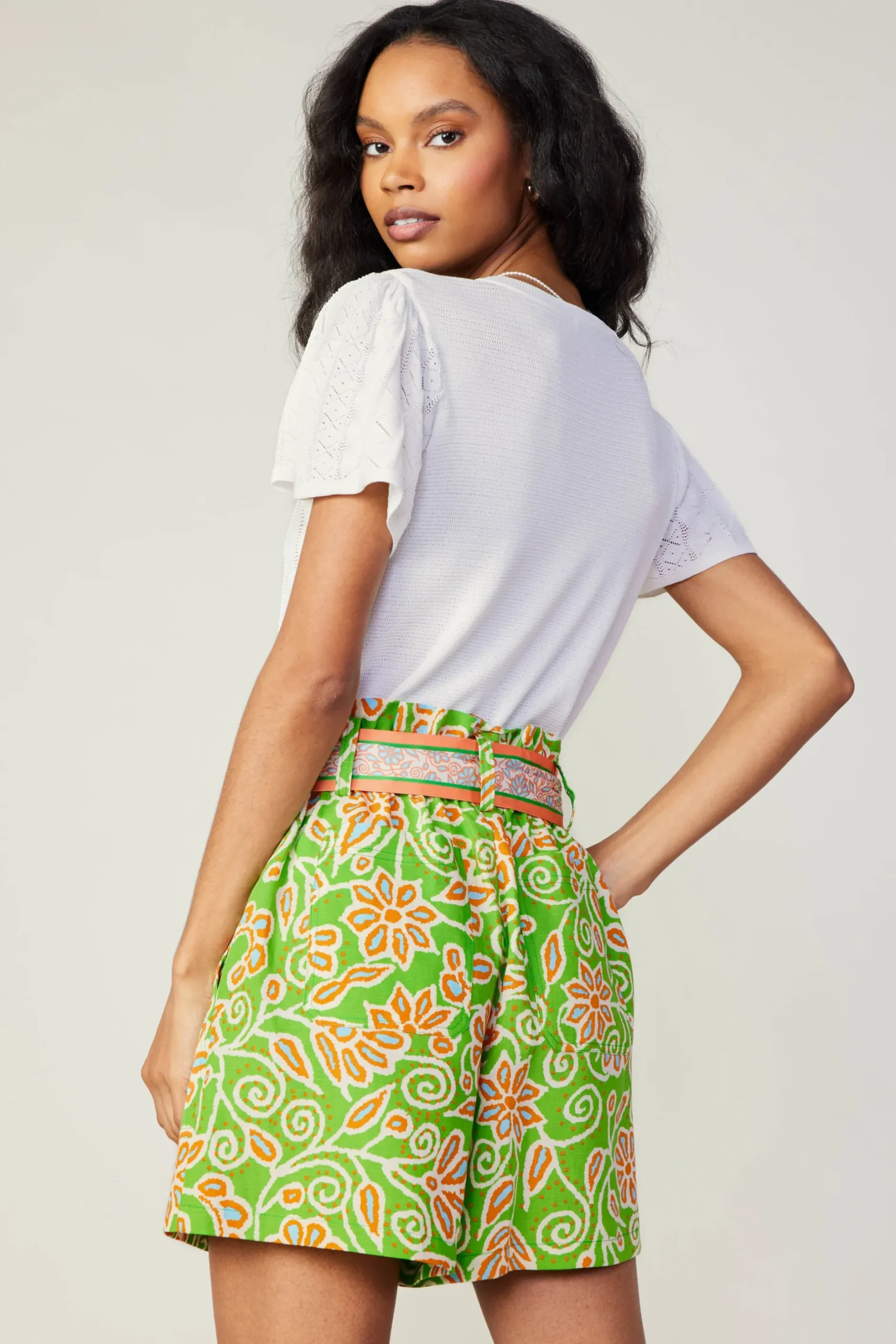 Shorts-Current Air Belted Floral Patterned Shorts GREENORANGEMLT