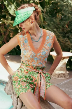 Shorts-Current Air Belted Floral Patterned Shorts GREENORANGEMLT