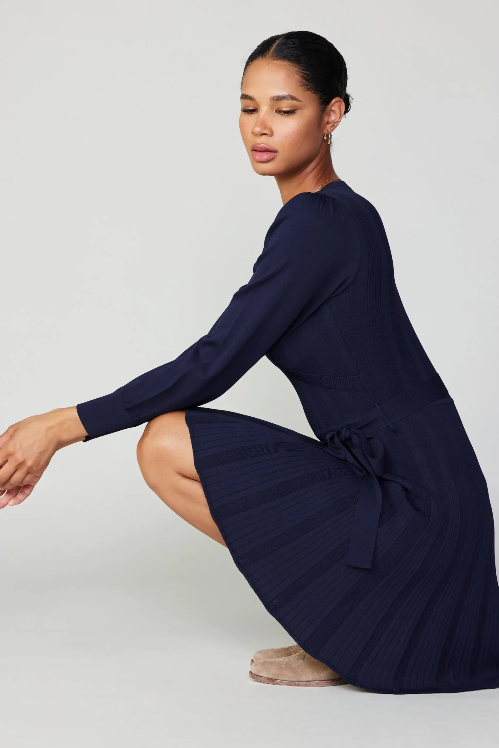 Knitwear|Mini Dresses-Current Air Belted Knit Mini Dress NAVY