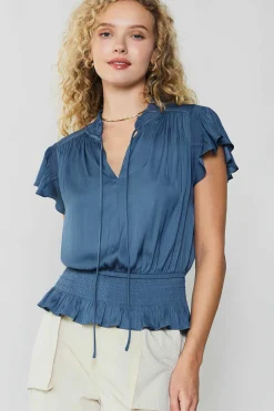 Short Sleeve Tops-Current Air Blair Smocked Top DARKDUSTYBLUE